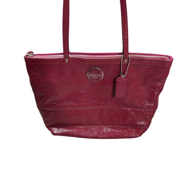 Coach Signature C Patent Leather Tote Bag Raspberry F15142 - Picture 3 of 7
